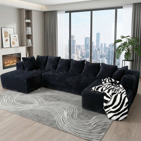 130" Boneless Sectional Couch, Black U-Shaped Corduroy Couch with Chaise Lounge, 4-Seat Living Room Sofa with Pillow Back and Square Arms