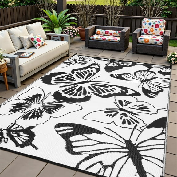 Moynesa 6'x9' Outdoor Rugs Waterproof, Plastic Straw RV Rugs for Outside, Large Portable RV Outdoor Rugs for Camping, Reversible Butterfly Picnic Mat for Camper Garden Tent, Black/White