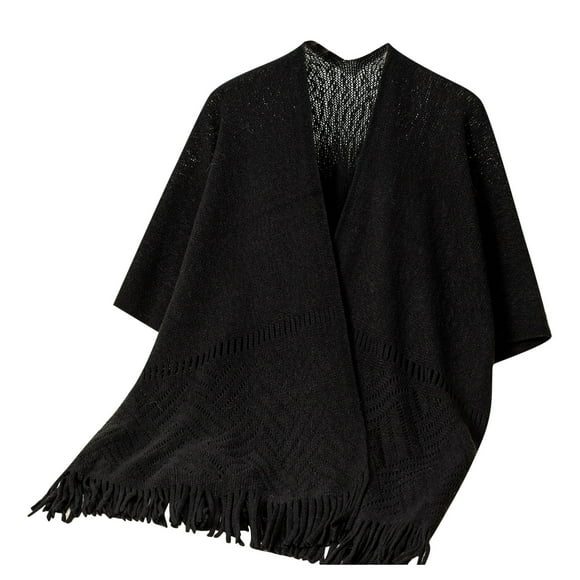 Dagegui Châles au Crochet pour Femmes, Étoles Légères à devant Ouvert, Capes en Tricot, Cardigan Poncho pour Jeunes Femmes avec Franges, Noir, Taille Unique