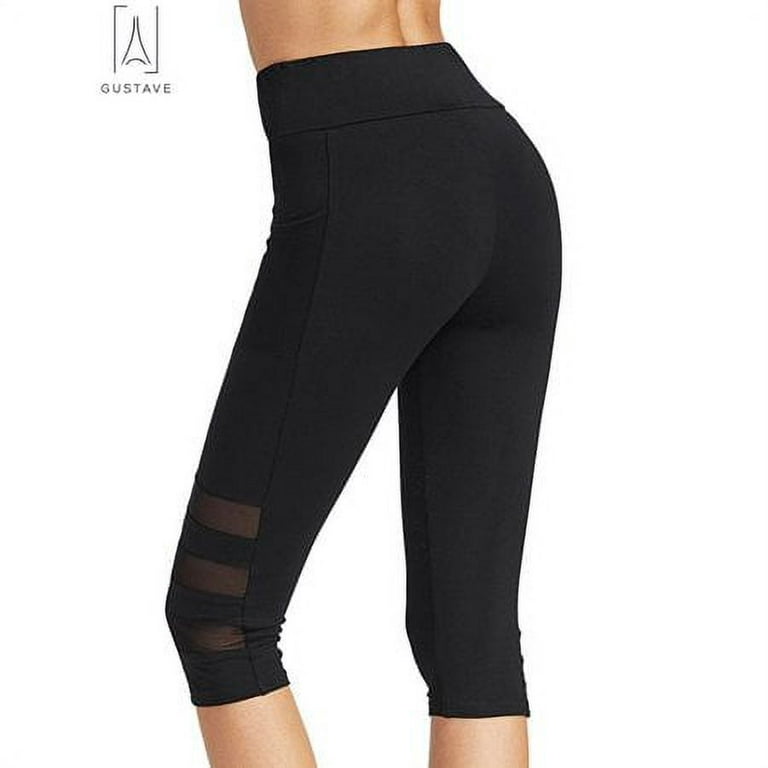 Gustave Women's High Waist Mesh Yoga Pants Capris Tummy Control Running  Workout Leggings Athletic Capri Pants with Pockets Black, L 