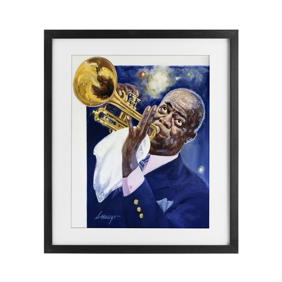 Louis Armstrong Portrait Black Framed Print Under Glass, design by Wind River Studios