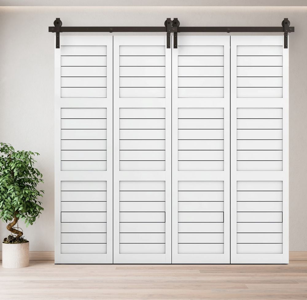 IVV Industrial Style 80" Bi-Folding Sliding Barn Door Hardware Kit for 4 Doors, Slide Smoothly Quietly, Black Track J Shape Roller [Doors not Included]