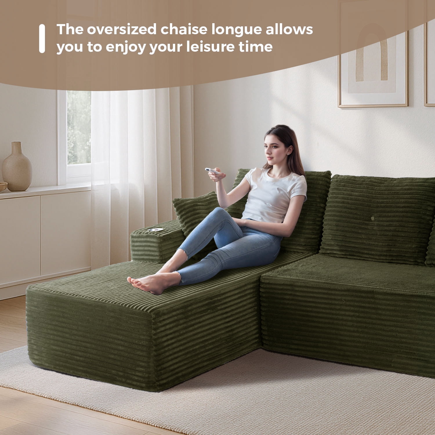 BYBYME 104" Cloud Sectional Couch with L-Shape Chaise Modern Comfy Modular Plush Corduroy Sofa for Living Room,No Assembly Required,Left Facing Chaise,Green