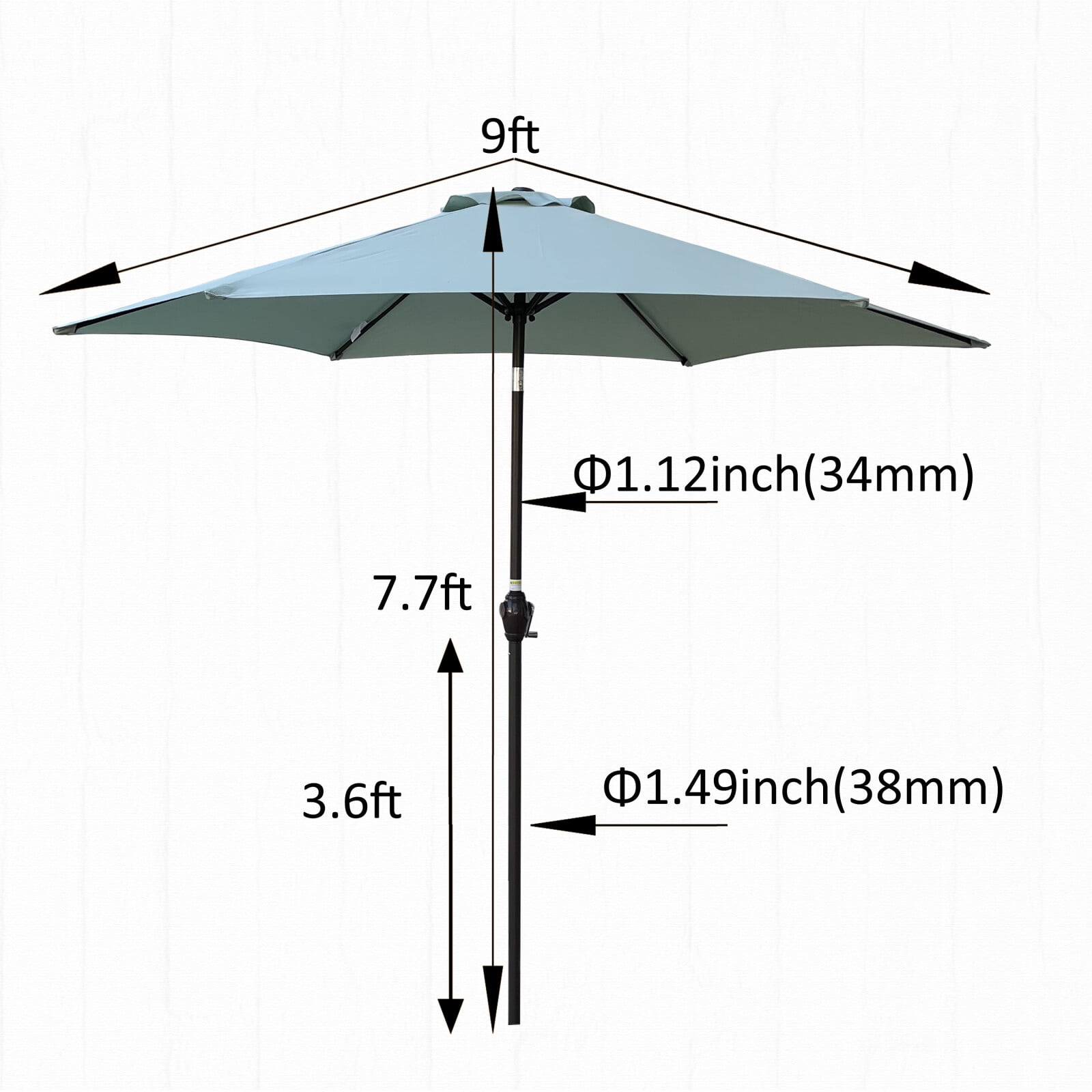 9FT, Patio Hanging Umbrella ,Outdoor Market Umbrella with 1.49'' diameter steel pole and 6 steel ribs ,crank handle,sunshade, for Garden, Lawn, backyard and Deck,Frosty Green