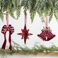 thumbnail image 1 of Forma de lazo de adorno navideño | Acabado de floc rojo vino con campanas dobles estrellas | Colgante de poliéster duradero para decoración del árbol navideño | Tamaño 13 cm | Incluye 1 pieza, 1 of 6