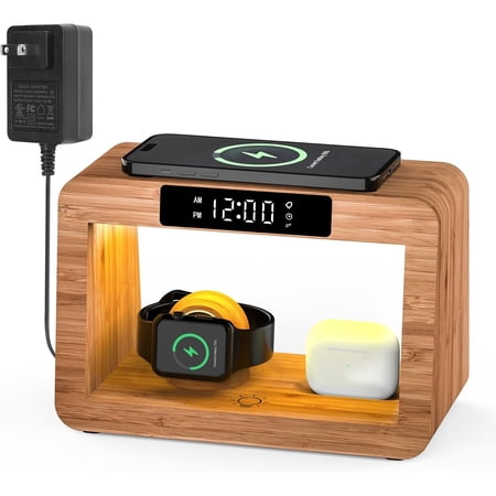 Bamboo Wireless Charging Stat, Night Light with Digital Alarm Clock, Nightstand Charging Stat for Apple Devices, Fast Wireless Charger for iPhone/Apple Watch/AirPods Pro