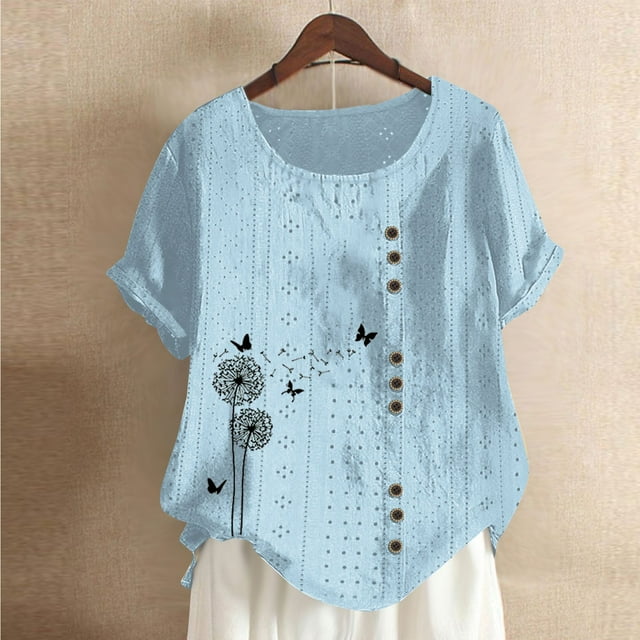Blouses pour Femmes, Mode Féminine Imprimée Confortable Blouse Ample à Manches Courtes avec Boutons, Col Rond Décontracté