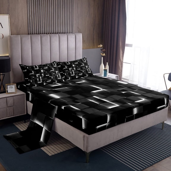 Erosebridal Geometric Plaid Sheet Set Twin,Black White Bedding Sets Twin Size,Futuristic Cubes Twin Sheet Sets,Super Cozy Neon Bedroom Decoration,3pcs