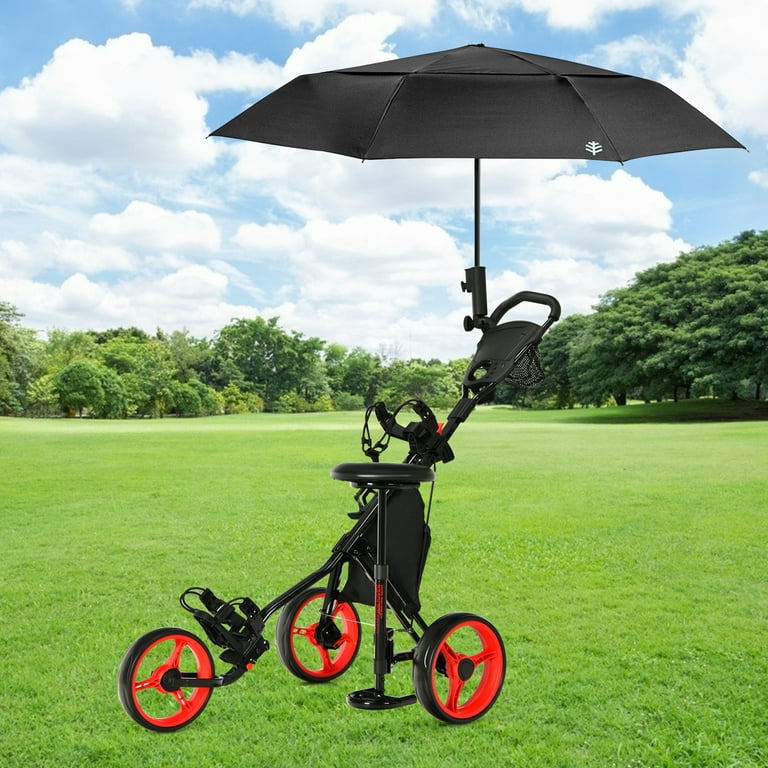 Tangkula Golf Push Pull Cart with Seat, Lightweight Foldable Collapsible 3  Wheels Golf Push Cart, Golf Trolley with Foot Brake, Adjustable Umbrella