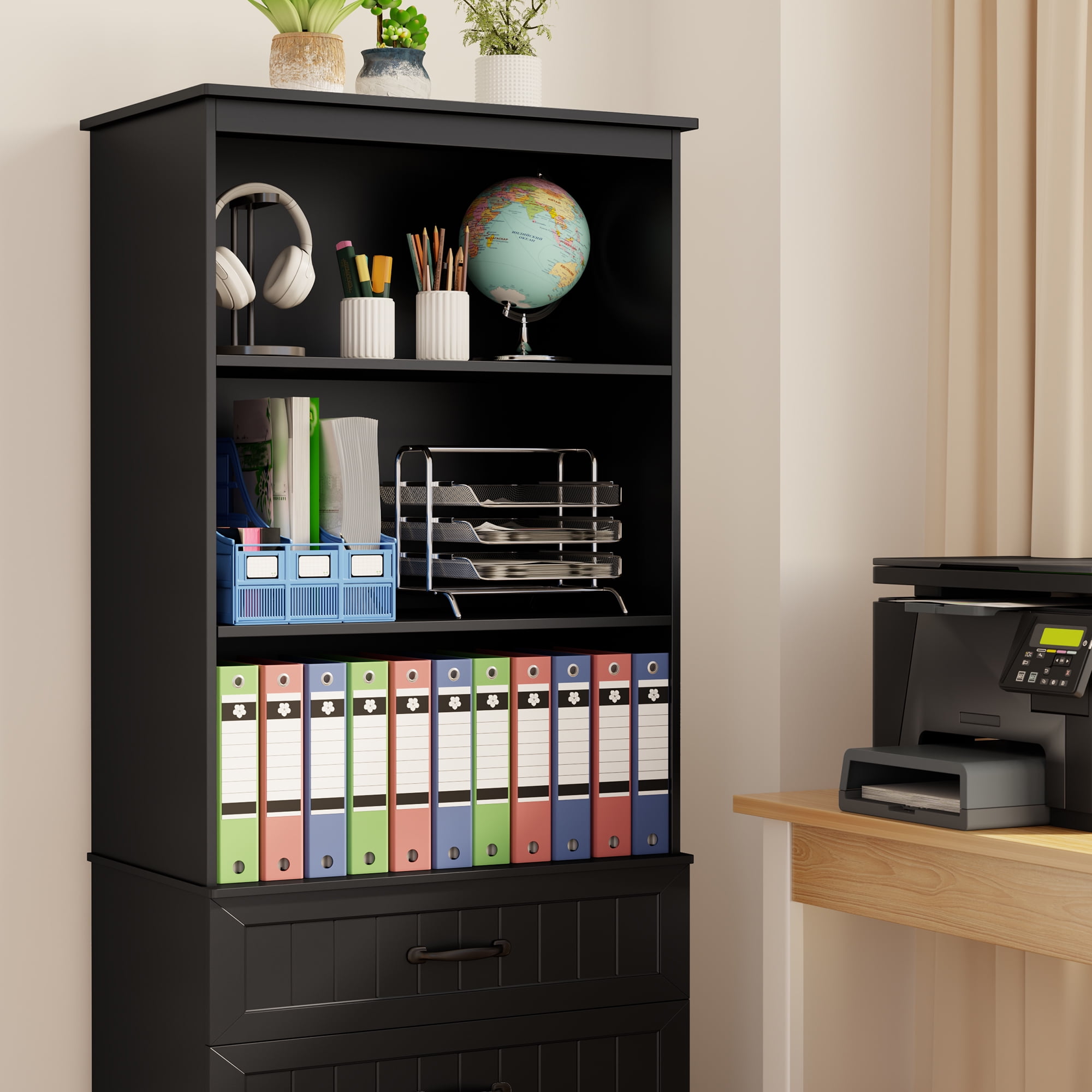 69.7" Tall Bookshelf, Lofka Bookcase with 3 Large Drawers, 3 Tier Storage bookshelf for Home Office, Living Room, Black