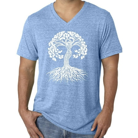 Life Mens Tee - Mens White Celtic Tree of Life Yoga V-neck Tee - Aqua, Small