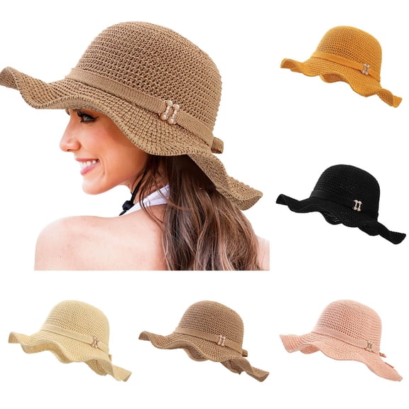 XINPING Women's Straw Sun Hat, Elegant Wide Brim UV Protection Beach Vacation Hat with Pearl Detail and Wavy Brim for Summer Activities