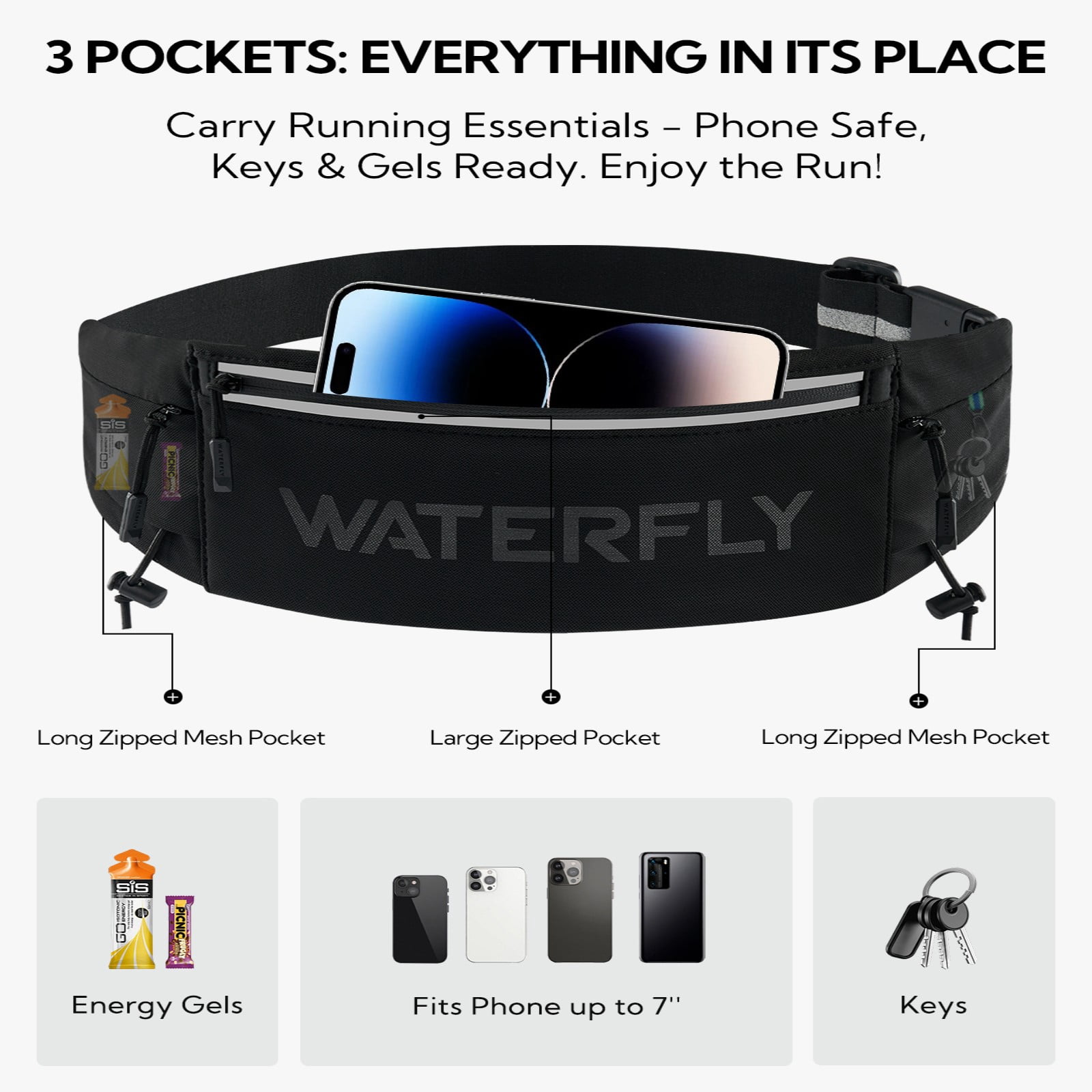 WATERFLY Unisex Adjustable Sports Jogging Fitness Nylon Running Waist Belt Elastic Band,Black