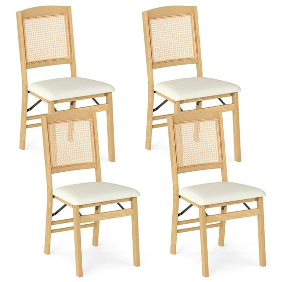 Gymax Folding Dining Chairs Set of 4 w/Linen Padded Seat & Rattan Backrest for Kitchen Natural & Beige