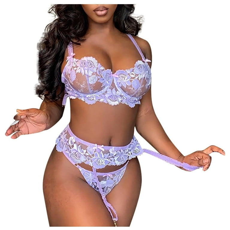 Hfyihgf Womens 3 Piece See-Through Sexy Lingerie Set with Garter Belt  Strappy Floral Lace Bra and Panty Sets Underwear Nightwear(Purple,L)