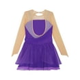 thumbnail image 6 of Doomiva Kids Girls Figure Ice Skating Dress Rhinestones Splice Mesh Long Sleeve Tutu Skirted Leotard Dance Dress Purple 14, 6 of 7