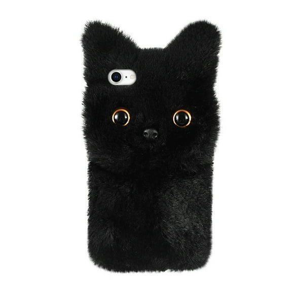 Fluffy Cat Phone Case Shockproof Drop Resistant Phone Cover Warm Scratch Resistant Phone Skin for iPhone 7/8(Black)