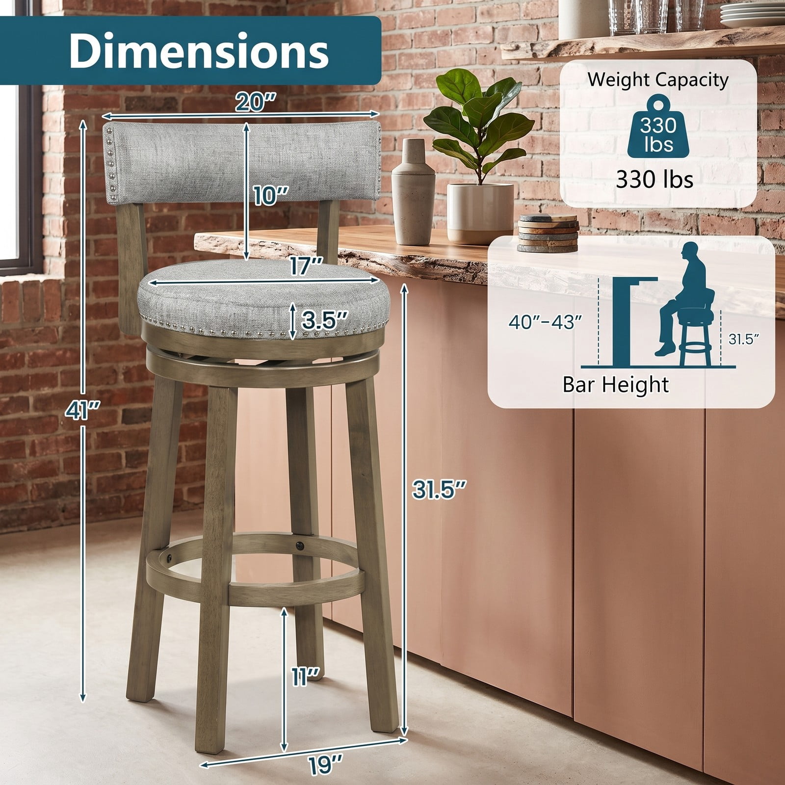 Furnibear Swivel Bar Stools Set of 2, 31.5 Inch Linen Fabric Upholstered Barstools with Curved Back and Nailhead Trim, 360-Degree Swivel Counter Height Kitchen, Gray