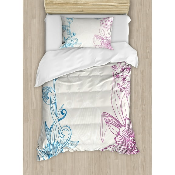 Ambesonne Floral Duvet Cover Set, Flower Field Spring Art, Twin, Teal Lilac Dried Rose