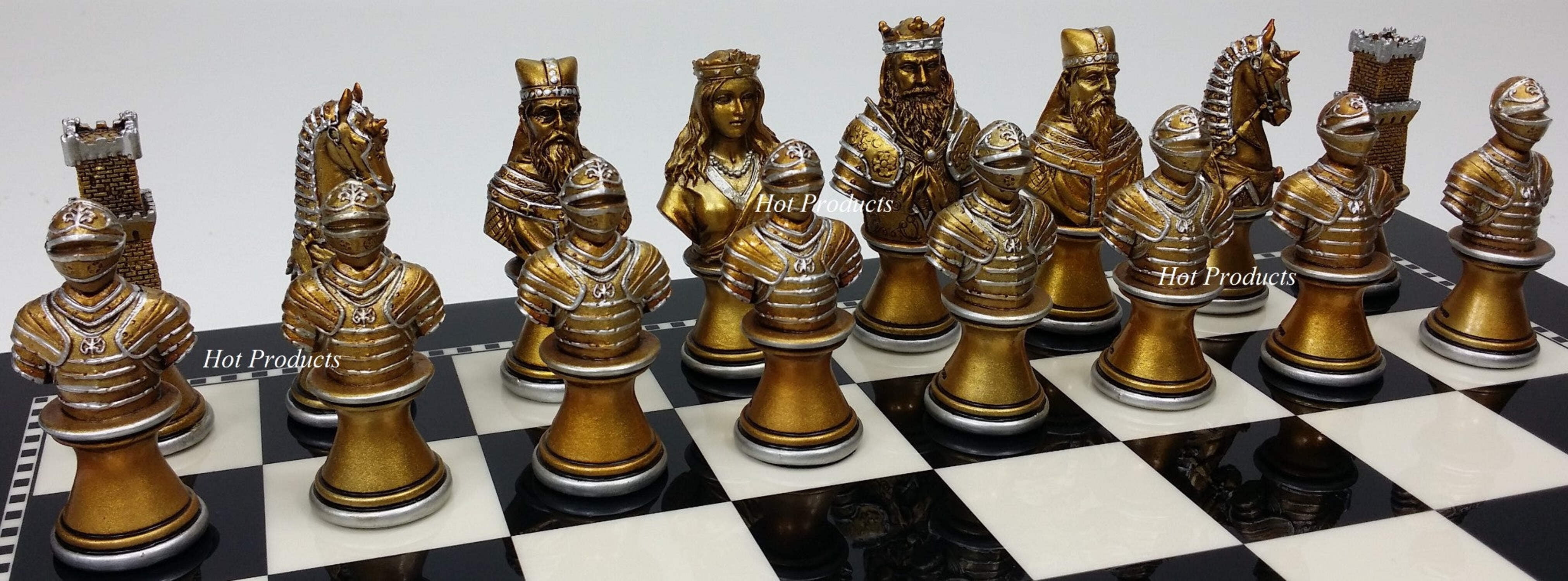 Medieval Times Crusades Gold  Silver Busts Chess Set W/ 15" Black  White Board