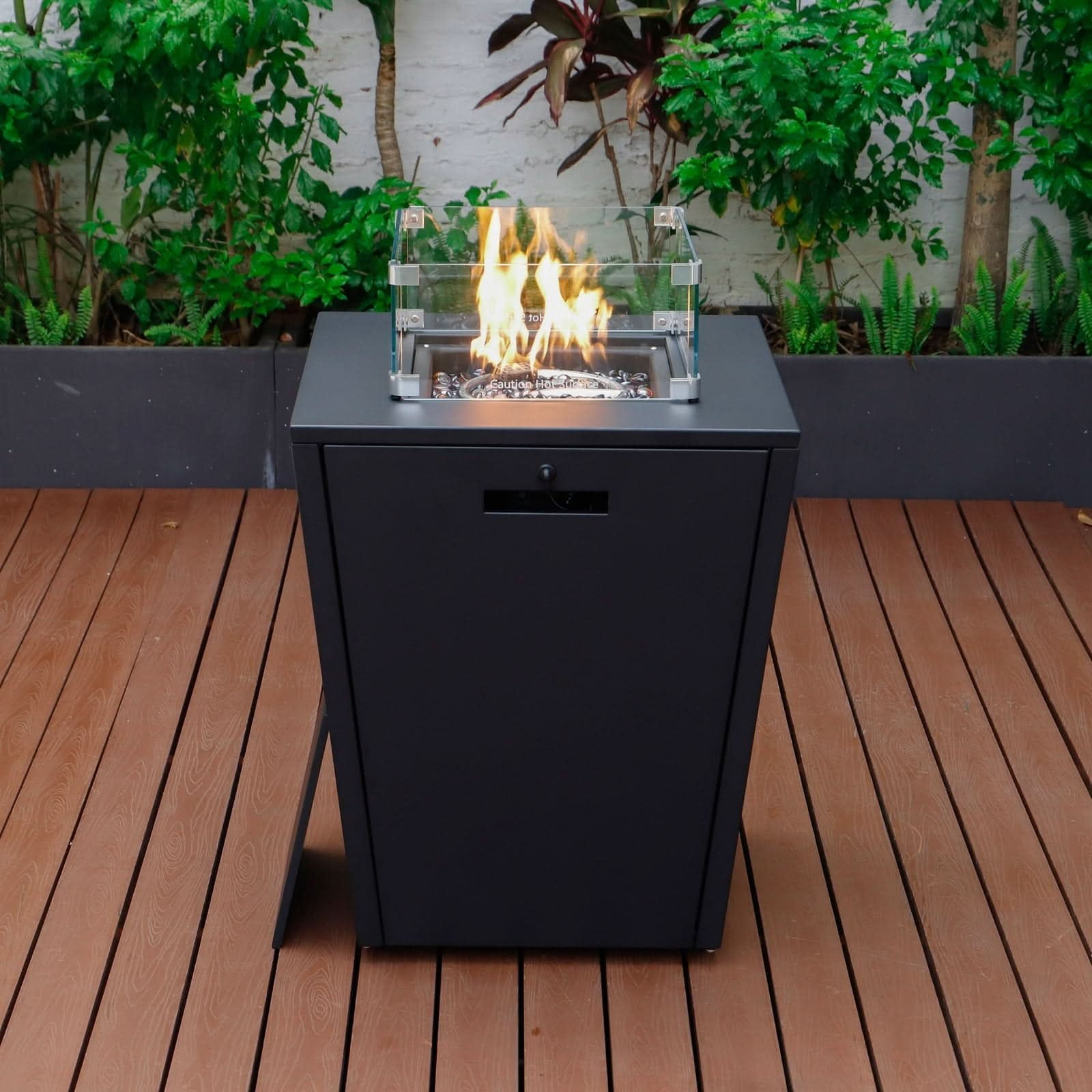 LeisureMod Chelsea 32" Propane Gas Fire Pit Table, Black Steel CSA-Certified Outdoor Firepit with Tempered Glass Wind Guard & Lid – Patio Heater for Backyard or Garden