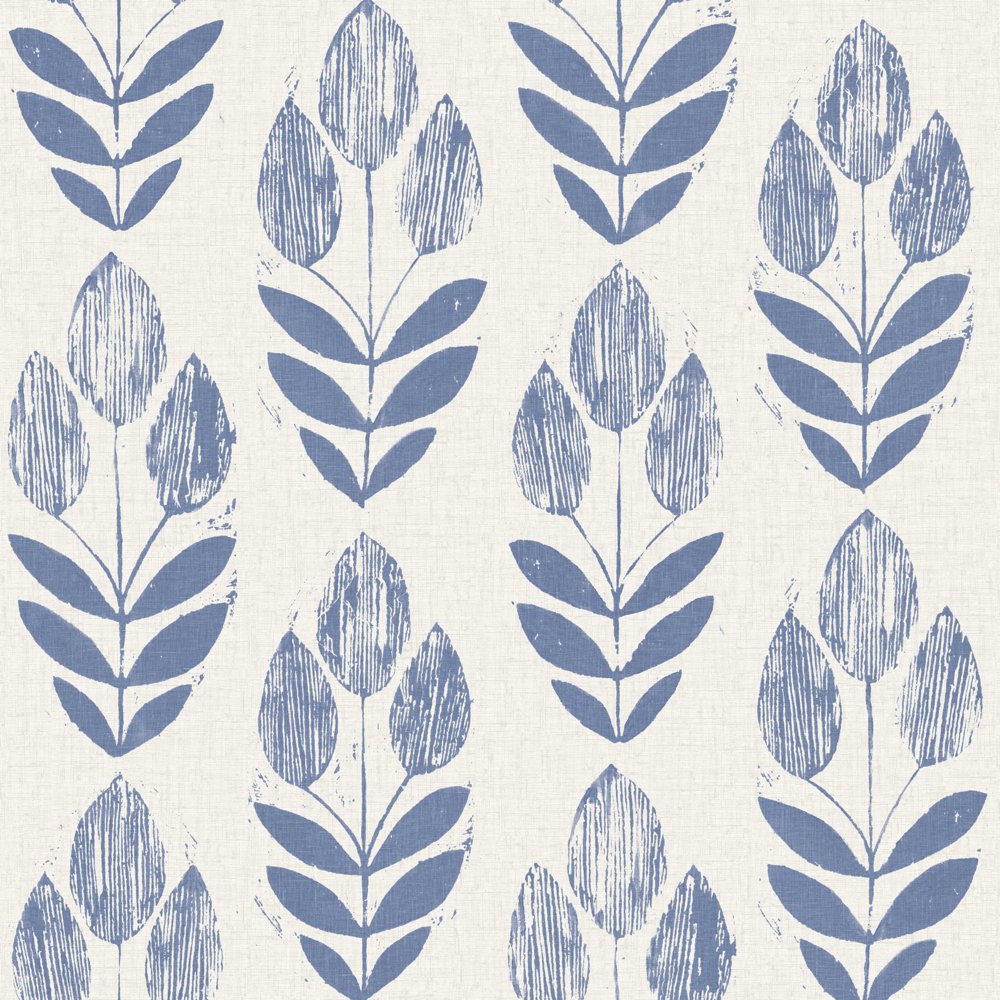 Beacon House Scandinavian Blue Block Print Tulip Wallpaper Sample