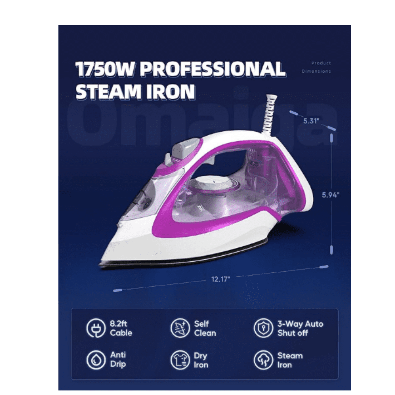 Steam Iron for Clothes, 1750W Iron with Rapid Heating, Non-Stick Ceramic Soleplate, Powerful Steam, Self-Cleaning, Auto-Off, Anti-Drip, 15.21oz Water Tank Ironing Clothes for Home, Purple