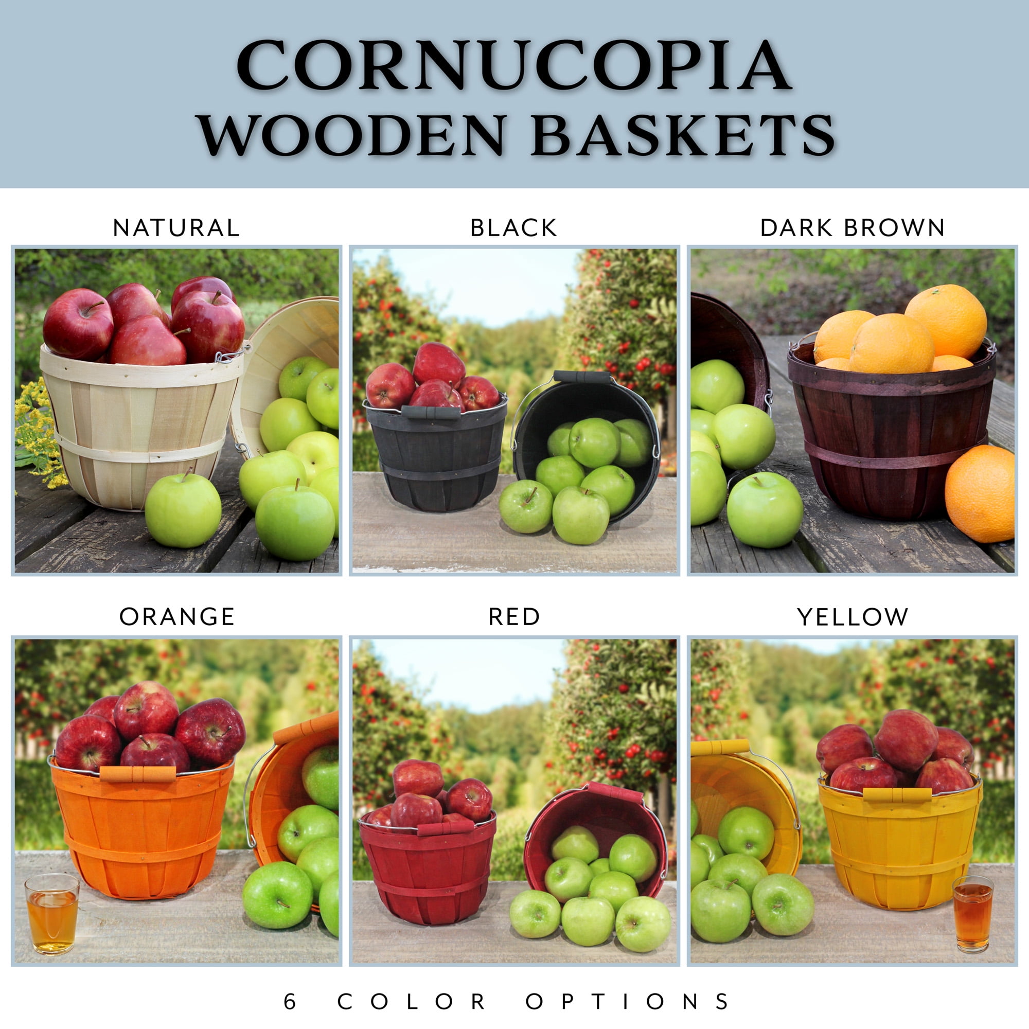 Cornucopia Round Wooden Baskets (2-Pack, Natural); Wood Fruit Buckets with  Handle, 4-Quart Capacity; 6.1 Inch Tall by 8 Inch Diameter