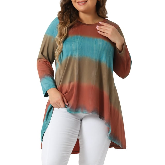 Agnes Orinda Blusas de Talla Grande para Mujeres, Tops de Cuello Redondo de Manga Larga con Diseño de Degradado, Tops Tunic de Corte Alto y Bajo, Camisetas 2X Naranja