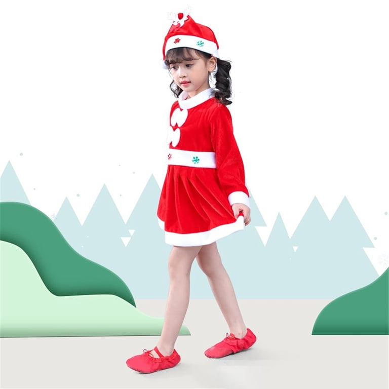 christmas outfits dress up YunPes Girls Dresses Long Sleeve Party Performance 3 Pieces Santa with Hat Xmas Velvet Dress Product Description