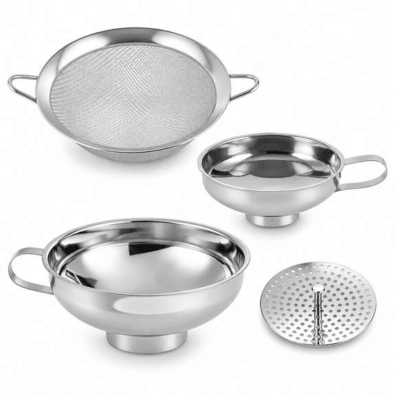 4-Piece Stainless Steel Canning Funnel Set with Wide Mouth Funnel, Strainer and Mesh Filter