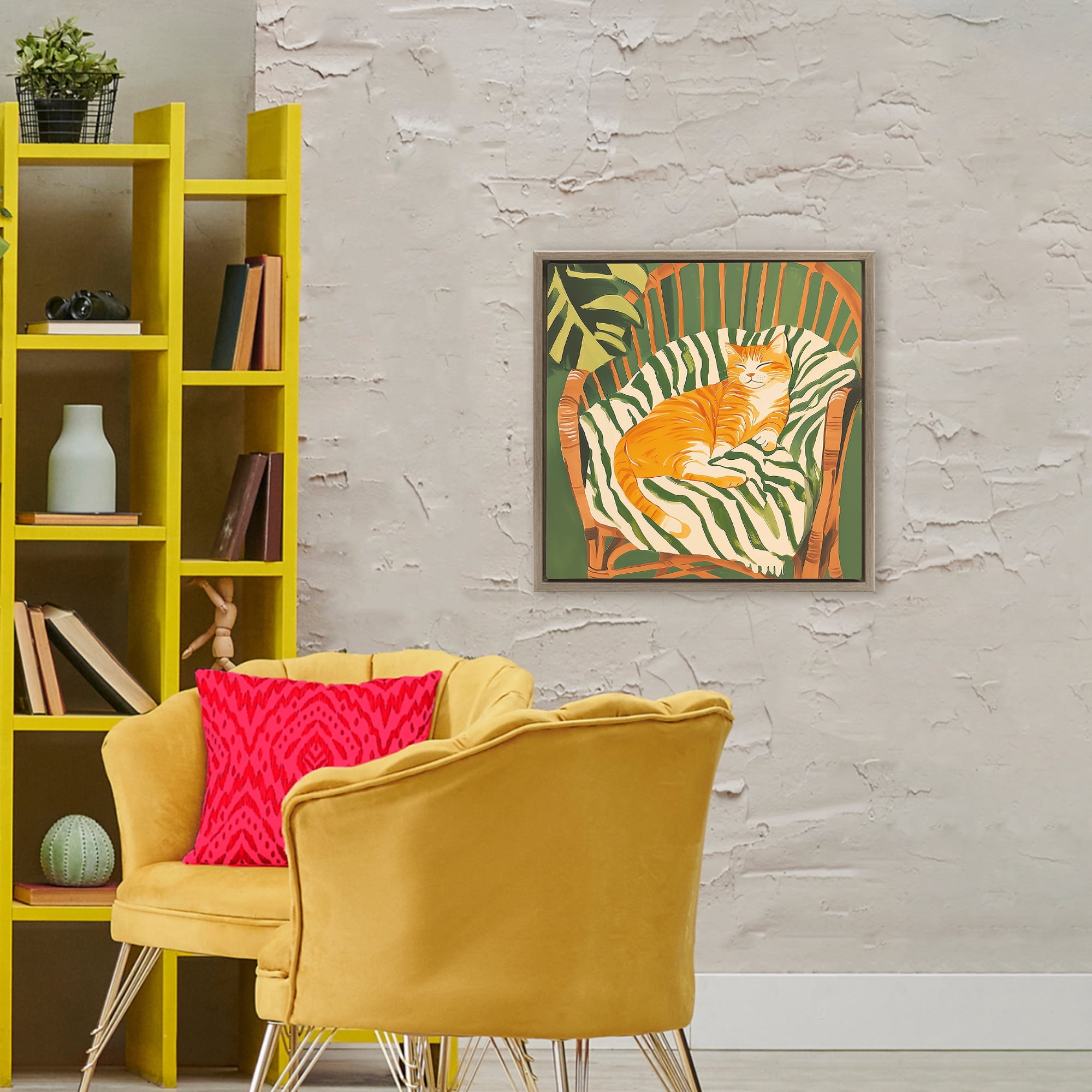 Stupell Industries Orange Cat in Rattan Chair Brown Framed Floater Canvas Wall Art, design by Walker Noble