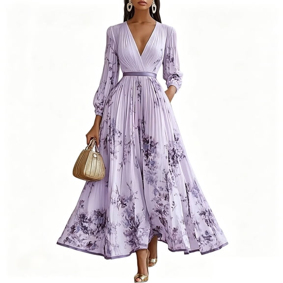 Kilaqueen Floral Wedding Guest Dress for Women, Long Sleeve V Neck Wrap Style High Waist Flowy Maxi Dress for Summer Vacation Party Beach and Evening