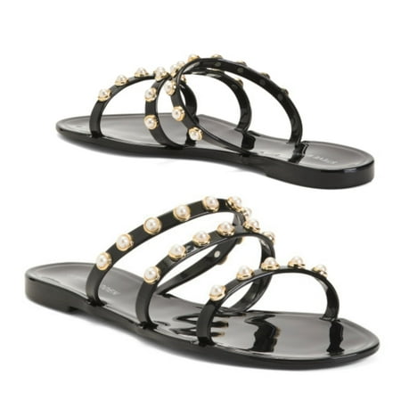 

Steve Madden Women s Studded Pearl Embellished Slide-On Flat Sandals