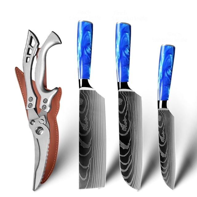 3pcs Kitchen Knives Set with Heavy Duty Scissor, including a 5-inch Santoku knife, 7-inch Santoku knife, and 7-inch cleaver knife. Features laser-etched Damascus pattern blades, ergonomic blue resin handles, and high-carbon stainless steel construction. Ideal for slicing meat, vegetables, and bread. Includes durable scissor with leather sheath for versatile kitchen use.
