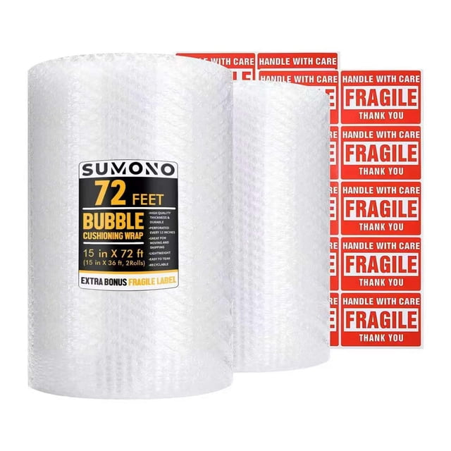 Plástico de burbujas Sumono 38 cm x 22 m, 2 rollos con etiquetas frágiles