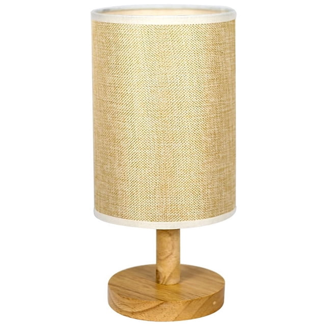 Lámpara pequeña moderna con pantalla de tela circular y control táctil, luz cálida