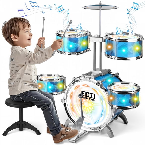 Funvip Kids Drum Set for Toddlers, Upgraded Induction Jazz Drum Set with Chairs, Musical Instrument Toys Christmas Birthday Gifts for Boys Girls Aged 2-6