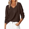 thumbnail image 2 of Women's Casual V-Neck Sweater Base Layer Knitted Long Sleeve Solid Color Top for Fall Winter Versatile Basics,Coffee,M, 2 of 7