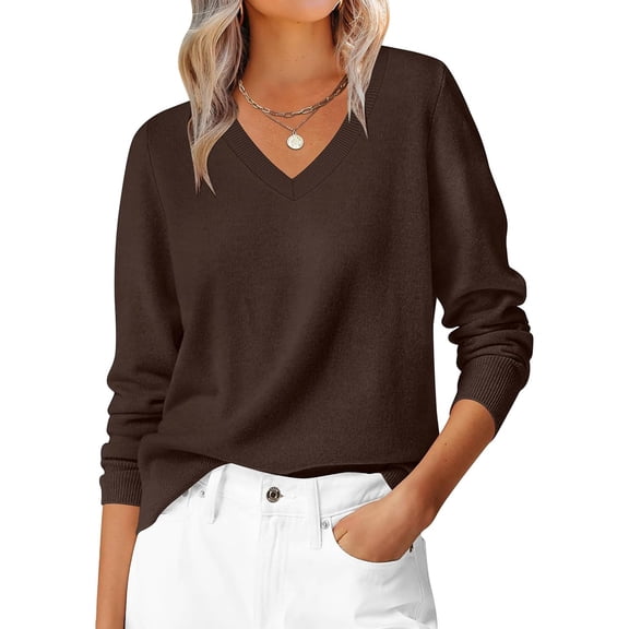 Garbnen Women's Sweaters Knitted Basic V Neck Long Sleeve Shirt for Women Lightweight Soft Fall Winter Warm Fashion Tunic Tops for Women M