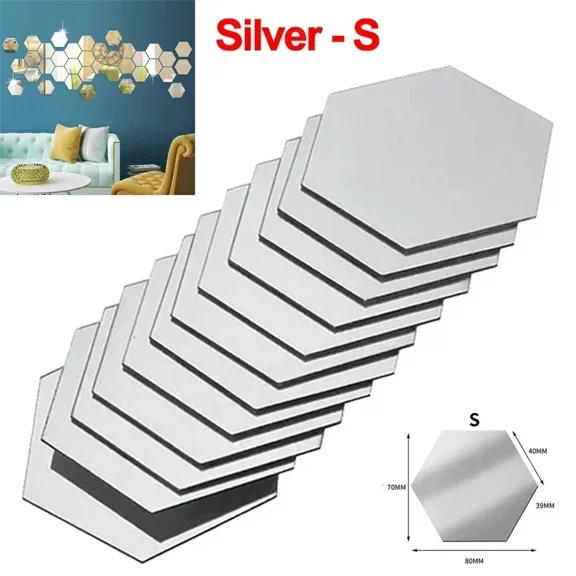 Hexagon Acrylic Mirror Wall Sticker Acrylic Adhesive Gold Silver Mosaic Tiles Removable DIY Bedroom Bathroom Home Decor Sticker