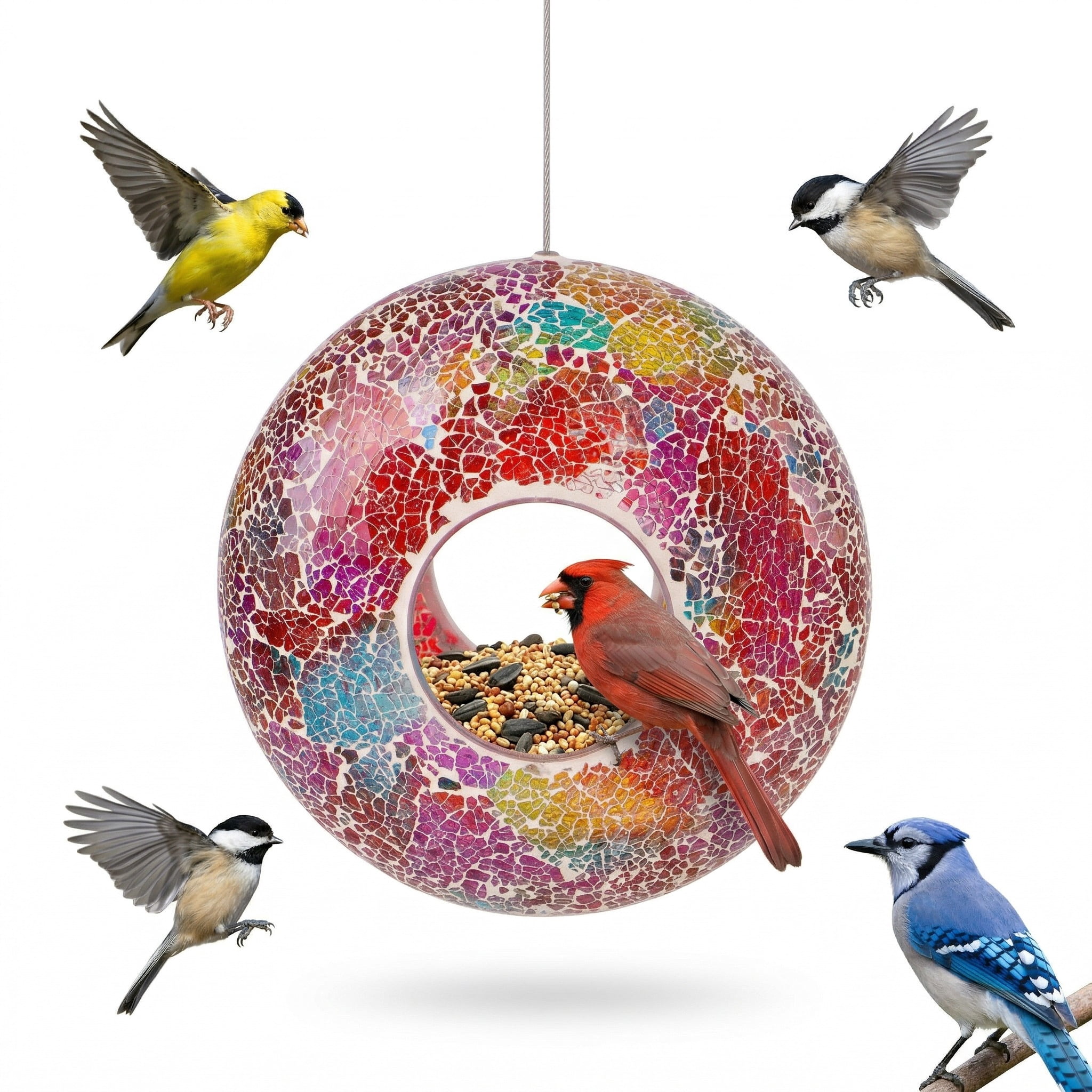 Topadorn Bird Feeders for Outdoors Hanging Bird Feeder, Wild Bird Seed for Outside Feeders and Garden Decoration Yard for Bird Watchers, Red Glass Mosaic, 9" H