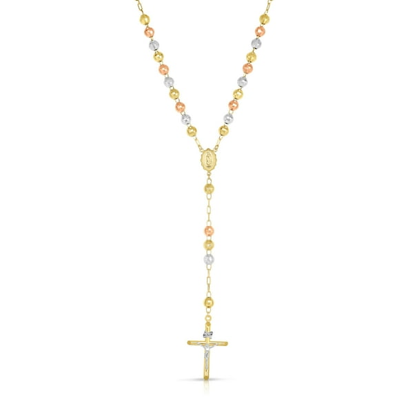 Floreo 10k Yellow Gold or Tri-Gold 5mm Rosary with Virgin Mary Medal and Crucifix of Jesus Cross Pendant Chain Necklace
