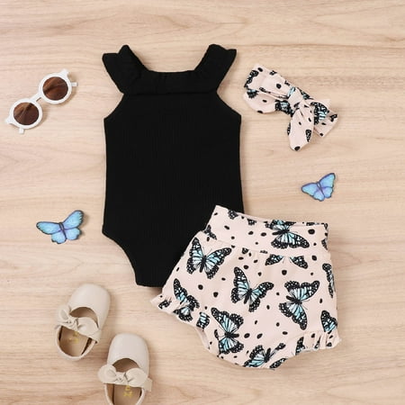 

NECHOLOGY Girls Sleeveless Ruffles Ribbed Romper Bodysuit Rainbow Floral Printed Shorts Headbands Cute Teen Girl Outfits Childrenscostume Black 3-6 Months