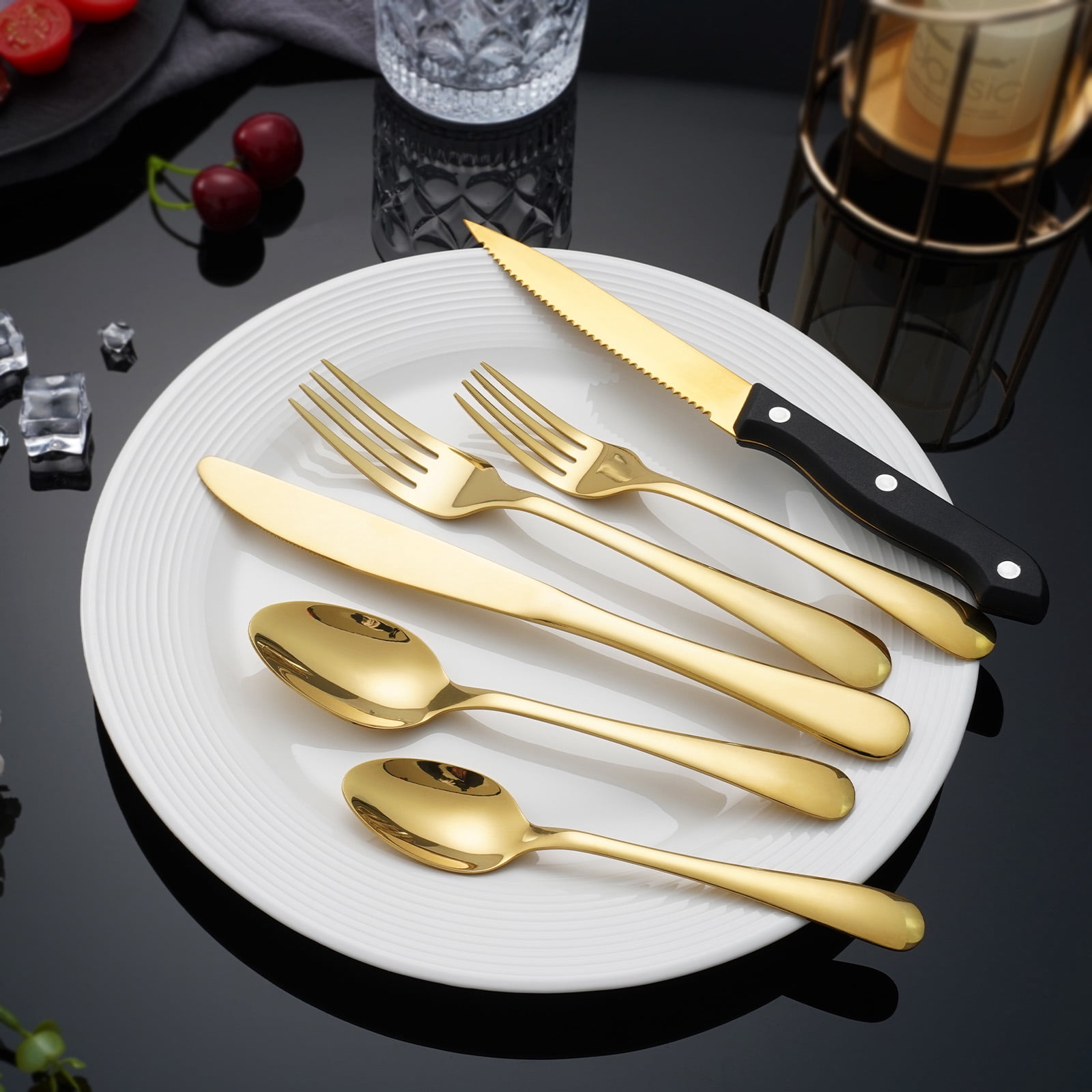 Koomade 24 Pieces Flatware Set For 4, with Steak Knives, Stainless Steel Cutlery Set, Mirror Polished, Tableware Utensils for Home Kitchen Restaurant Hotel, Dishwasher Safe, Gold