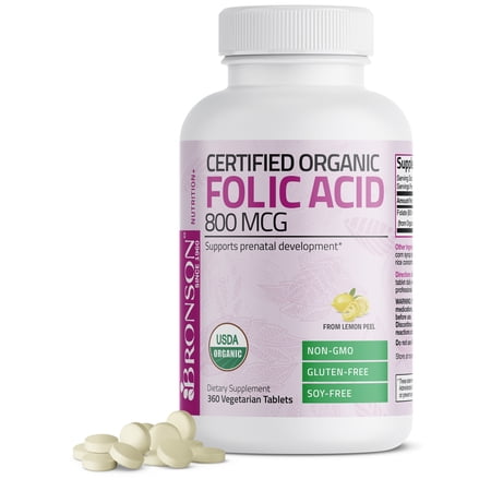 Bronson Organic Folic Acid 800 mg - USDA Certified & Vegetarian - Ultimate Prenatal Vitamin - Prenatal Development - 360 Tablets