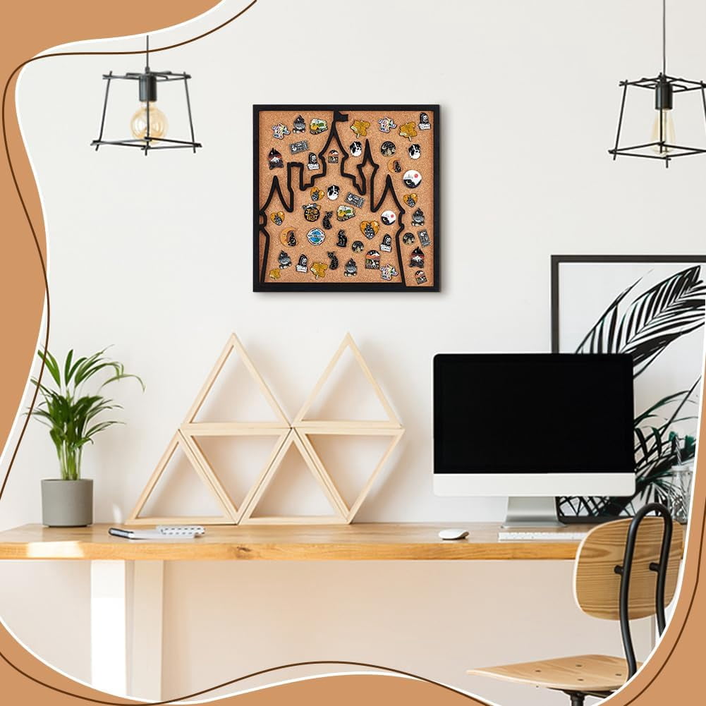 1pc Square Castle Pin Board Cork Board 11.8x11.8inch Bulletin Display Board Wall Mounted Cork Board with Black Frame for Brooch Pin Storage Display Office Home and School Decor