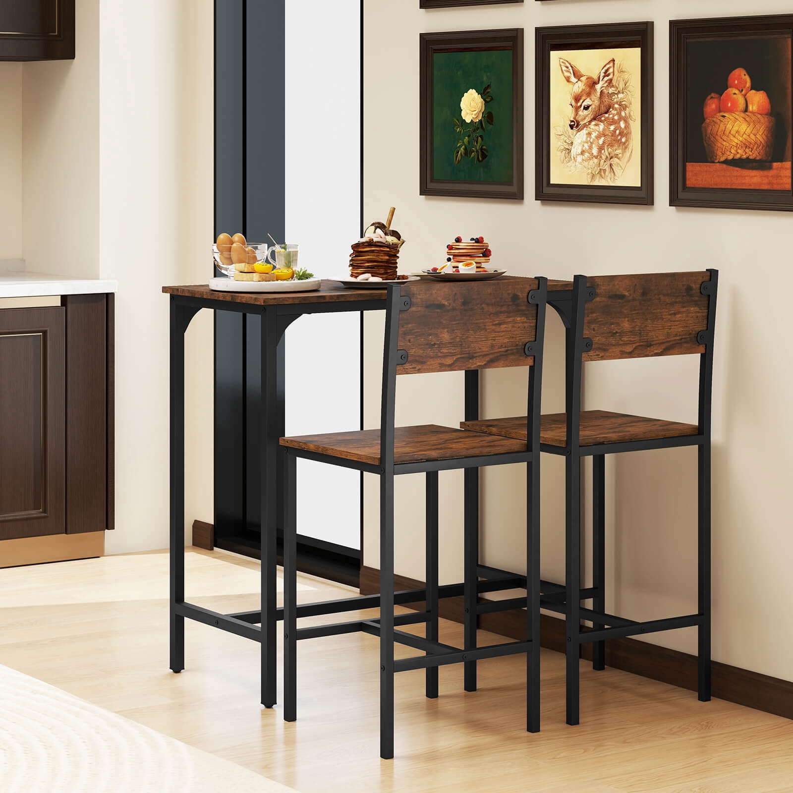 Costway 3 PCS Bar Table Set Pub Dining Table & 2 Bar Stools with Backrest & Footrest Brown