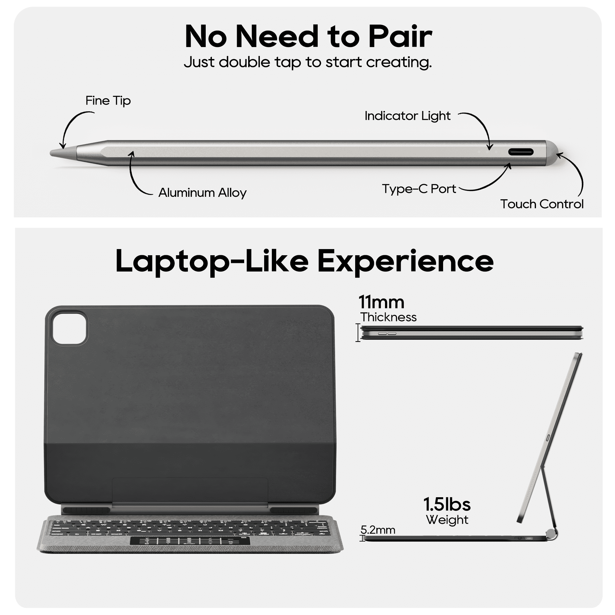 edaiser Stylus Pen + Wireless Magic Keyboard Case Compatible with Apple iPad Air 11 inch (M3/M2) 2025, iPad Air (5th/4th), iPad Pro 11-inch (4th-1st) Gen, Gray