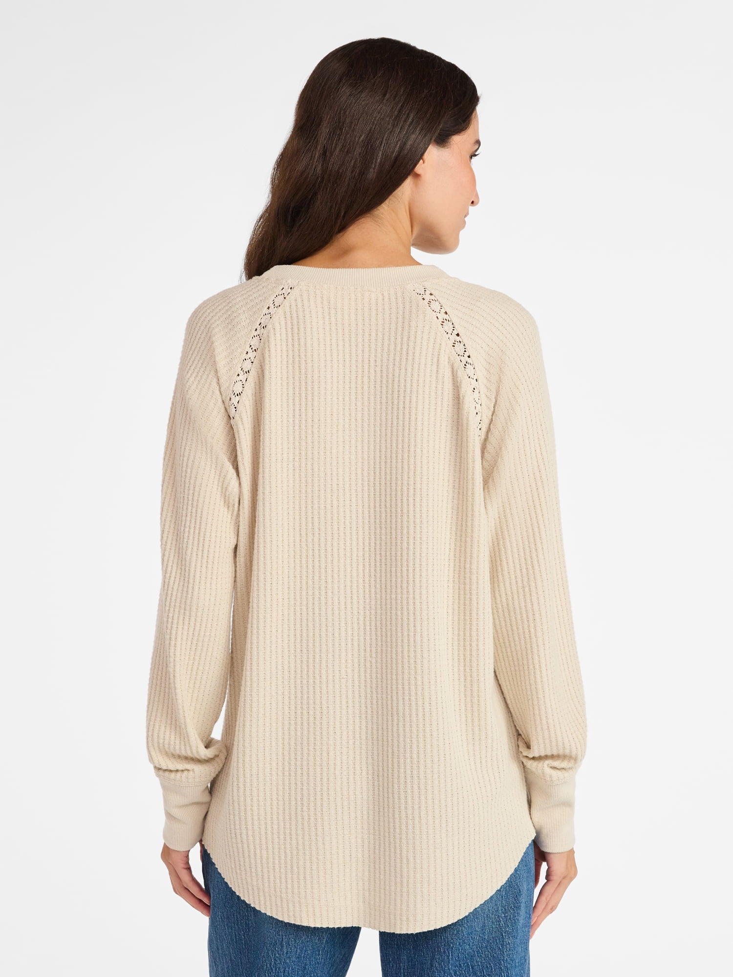 Time and Tru Women’s Notch Neck Waffle Top with Long Sleeves, Size XS-XXXL